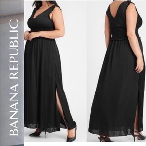 Banana Republic Smocked Waist Ruffle Maxi Dress Silky Satin Black 4
